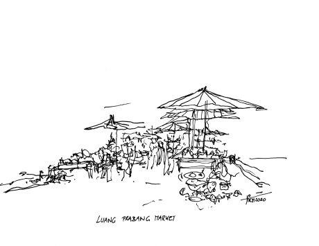 Tuschegrafik_Luang_Prabang_Markt